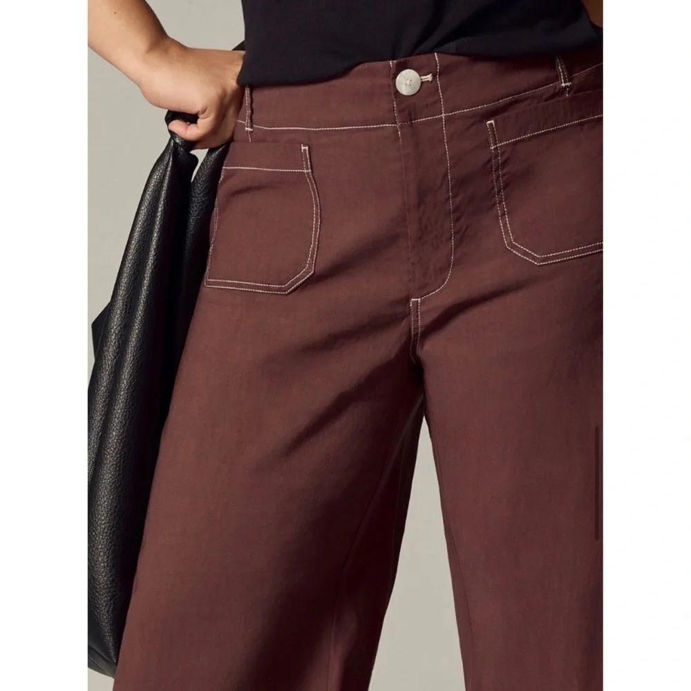 Maeve Colette Wide Leg Pants Special Contrast Stitch Edition Burgundy 24 - Picture 4 of 6